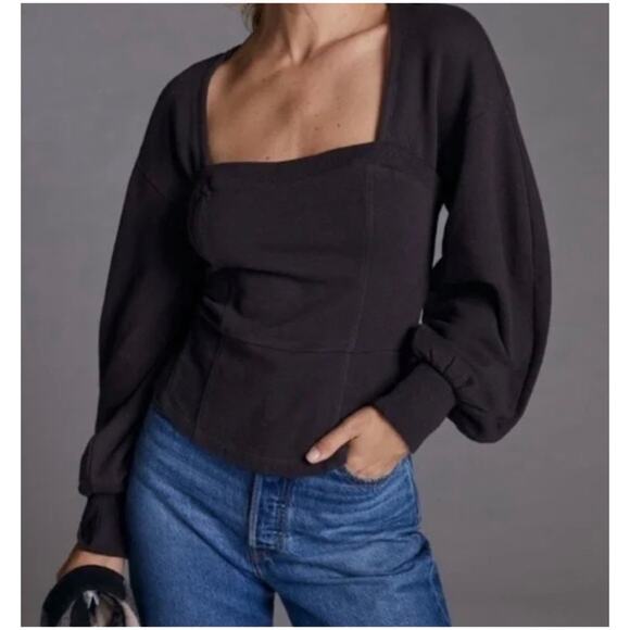 Anthropologie Maeve NWT Sz L Gray Puff Sleeve Sweatshirt Top Seamed Corset - Picture 1 of 11